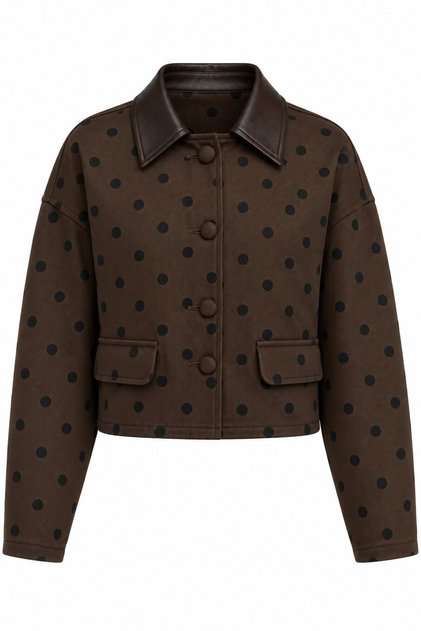 Brown Leather Collar Detailed Polka Dot Jacket - 1147