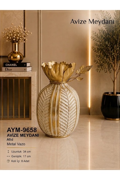 Avize Meydanı Yaprak Dokulu Çiçek Ağızlı Gold-Krem Dekoratif Metal Vazo (34 cm)
