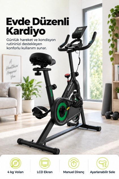 Spin Kondisyon Bisikleti – 4 kg Volanlı, Ayarlanabilir Dirençli Egzersiz Bisikleti Yeşil