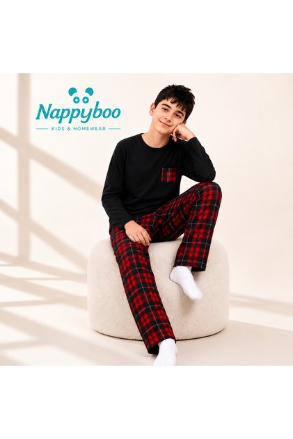 Erkek Çocuk Uzun Kollu Ekose Pijama Takımı Siyah Kırmızı %100 Pamuklu