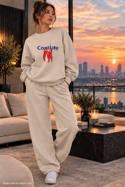 Women's Cool Life Red Chili Pepper Printed Crew Neck Regular Fit Women's Tracksuit Set