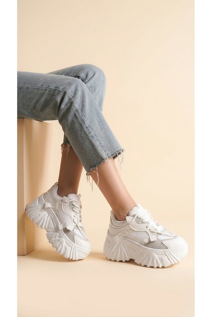Leather Laced High Sole Casual Women's Sneaker Sports Shoes