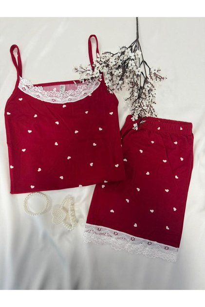2-Piece Fetunya Burgundy Heart Combed Cotton Pajama Set with Shorts