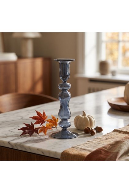 Suport sfesnic din sticla pentru lumanari, albastru, decoratiune pentru masa, casa si living, 18 cm