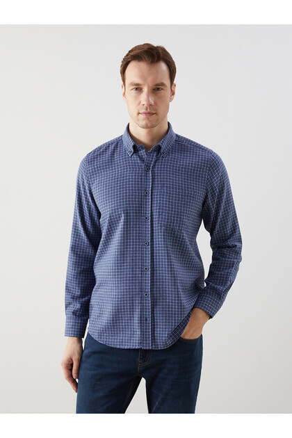 Lcwaikiki Classic Navy Blue Regular Fit Long Sleeve Plaid Men's Shirt