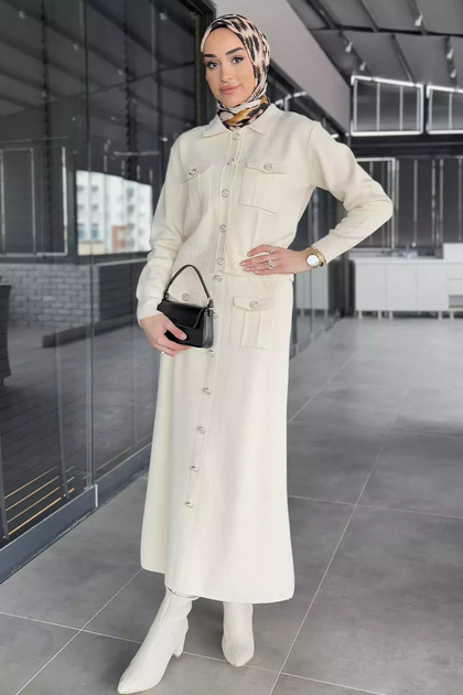 Stone Button Detailed Cardigan Skirt Hijab Knitwear Double Set (S-M-L Size Suitable)