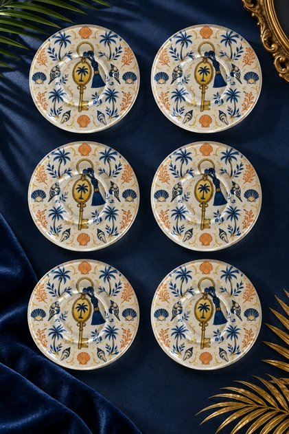 Set of 6 Glass Tea Plates – Key and Palm Tree Patterned – 12 Cm, 6 Tea Plates