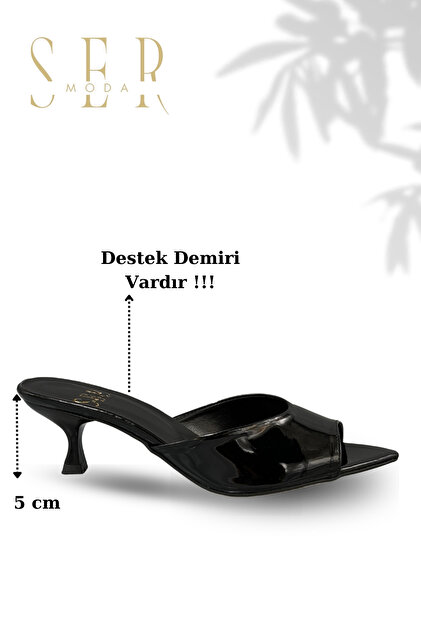 Heeled Women's Slippers - 5 cm Thin Heeled Women's Slippers Black Patent Leather