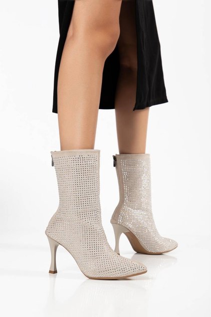 Women's Beige Suede Stone Boots - Pointed Toe Stone-Embellished Thin Heel Boots with Back Zipper