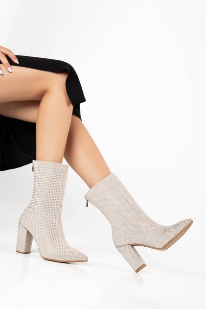 Women's Suede Stone Boots - Pointed Toe Stone Embellished Thick Heeled Back Zipper Boots