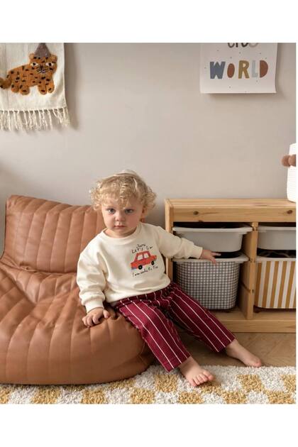 100% Cotton Car Printed Sweatshirt & Striped Pants 2-Piece Boys' Set