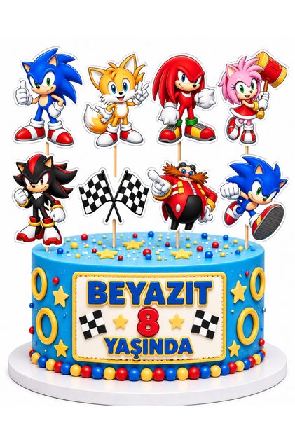 İSİMLİ - Sonic Pasta Süsü Çubuklu ve Şeker Kağıtlı Doğum Günü Konsepti