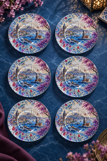 Set of 6 Glass Tea Plates – Istanbul Strait and Tulip Patterned – 6 Tea Plates
