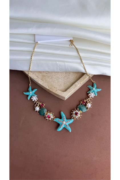 Luxury Ocean Series Women's Necklace with Coral and Starfish Figured Enamel