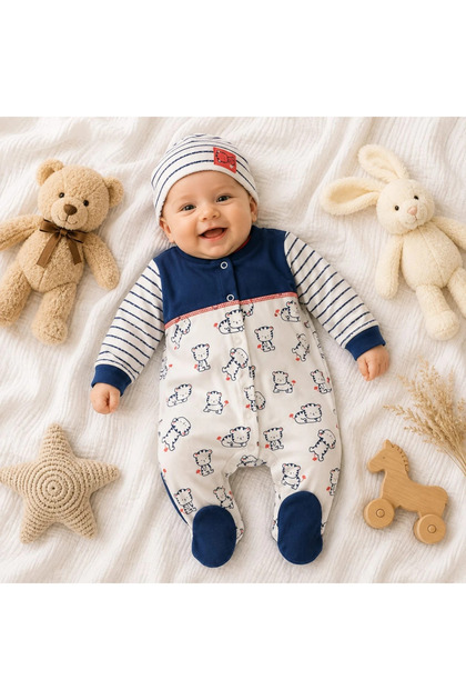 Kedi̇ci̇k Printed Baby Jumpsuit with Beanie
