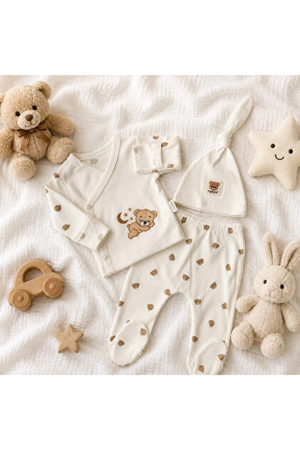 Stylish 3-piece set with sleeping bear embroidered foldable gloves