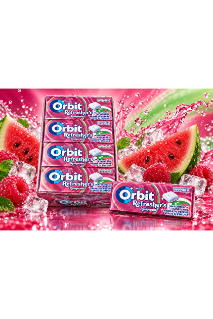 Refreshers Watermelon & Raspberry – Gumă Fără Zahăr cu Aromă de Pepene Verde și Zmeură, 12 pachete x 17,9 g