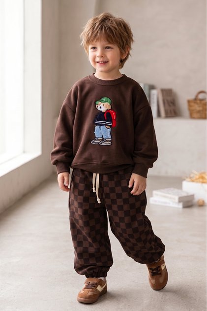 Boy's Teddy Bear Embroidered 3-Yarn Cotton Fabric Sweatshirt and Checkered Sweatpants Set Brown