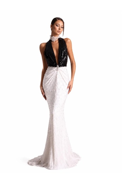Rochie halter lungă cu corsaj negru și fustă albă, Alb, Negru