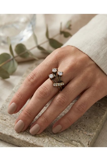Bronze Women's Ring Authentic Copper Jewelry Zircon Stone Flower Bouquet Adjustable Vintage
