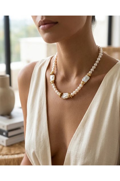 Natural Stone Women's Necklace with Real Pearl and Baroque Pearl, Steel Gold Detailed Vintage Bohemian Jewelry