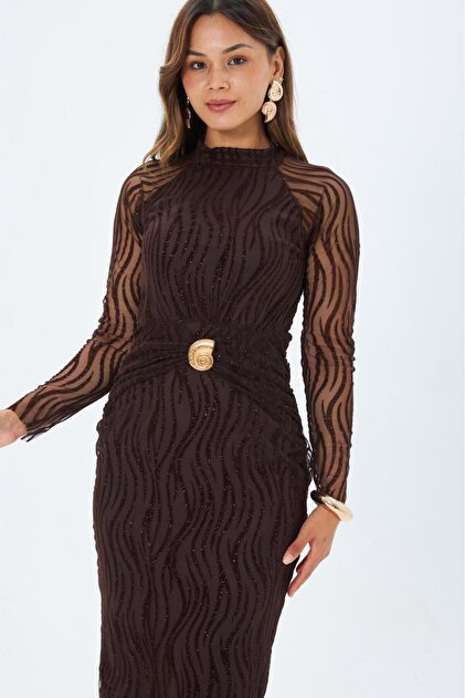 Zero Neckline Sparkling Snail Accessory Detailed Tulle Flock Print Long Sleeve Lined
