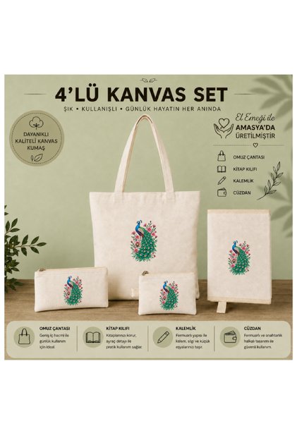 4-Piece Canvas Handmade Bag Set, Shoulder Bag, Book Cover, Wallet and Pen Holder, Bag Set, Book Bag, Gift Bag Set, Book Lover Gift, Organizer, Notebook Agenda Cover