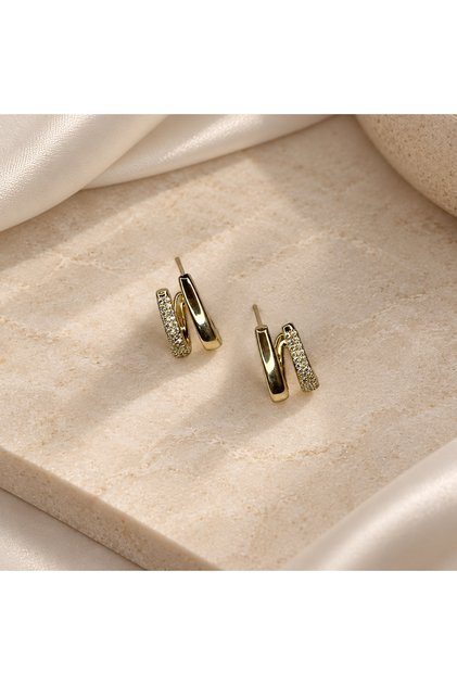 Çelik Küpe 14K Altın Renginde Rodyum Kaplama Zirkon Detay Çift Şeritli İllüzyon Tasarım Glory Model