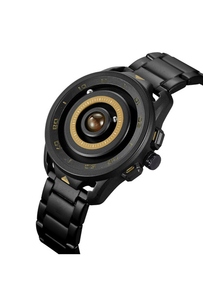 ساعة يد بدون علامة ظاهرة سوداء بتصميم عدسة ولمسات ذهبية Black Wristwatch with Lens-Inspired Dial and Gold Accents