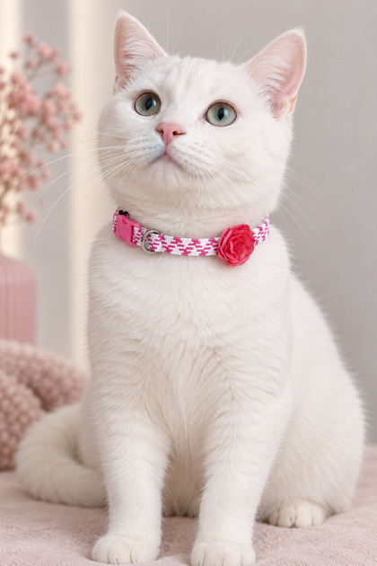 Pembe Gül Motif Ayarlanabilir Lastik Şeritli Papyon Kedi Köpek Tasma
