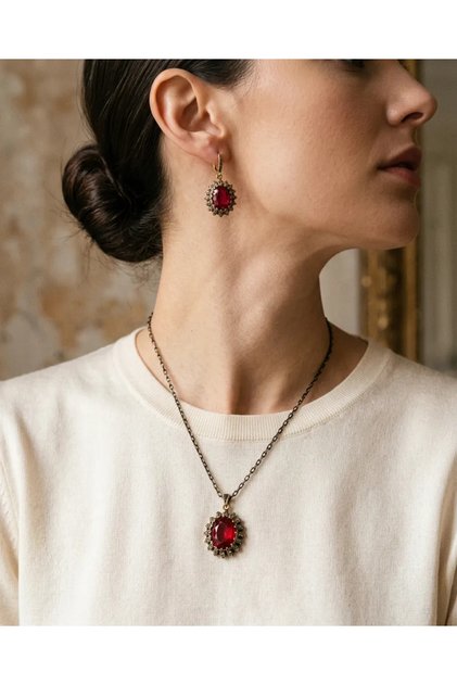 Bronz Kadın Bakır Takı Seti Zirkon İşli Kırmızı Taş Ottoman Stil Vintage Kolye Küpe Seti