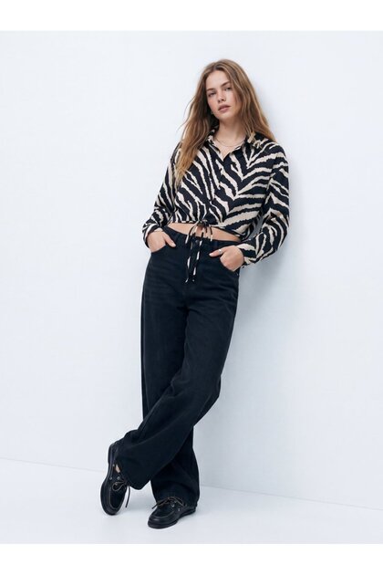 Regular Fit Zebra Patterned Black Shirt with Tie at the Waist