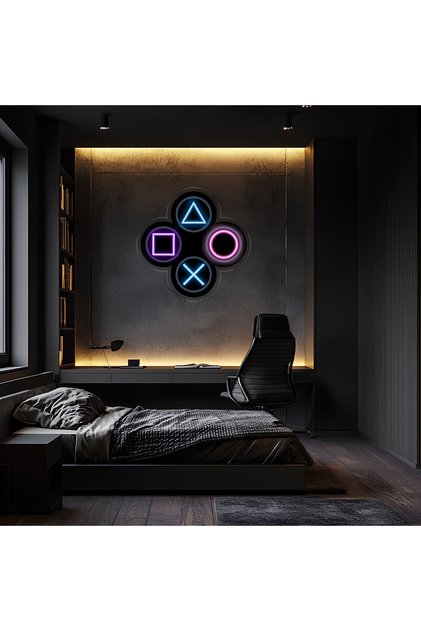 Gamer Neon Duvar Dekoru | RGB Oyun Konsolu Tuş Sembolleri LED Işıklı Pleksi Tablo