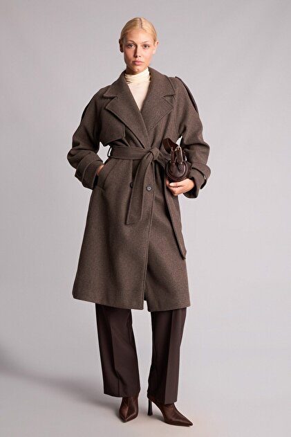 Regular Fit Wide Collar Belted Cashmere Coat H3956Ax26Wn