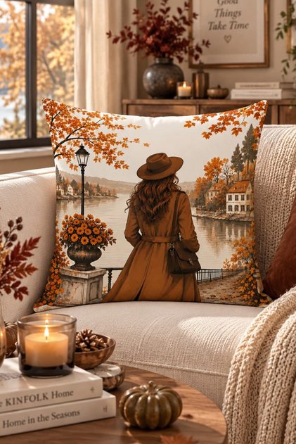 Sonbahar Serisi Çift Tarafı Dijital Baskılı Kırlent Kılıfı (Halloween Autumn)