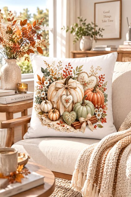 Sonbahar Serisi Çift Tarafı Dijital Baskılı Kırlent Kılıfı (Halloween Autumn)
