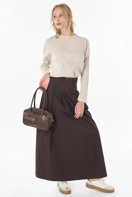 High Waist Pleated Skirt Brown
