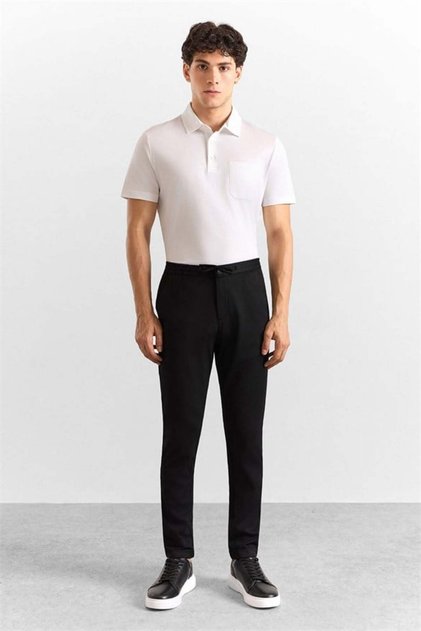 Siyah Slim Düz Twill Yarım Lastikli Jogger Pantolon