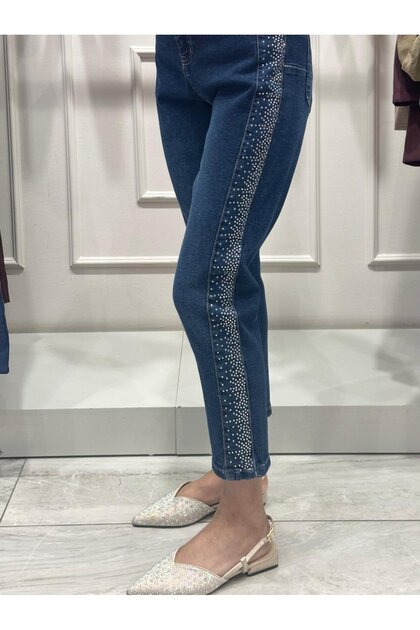 Şerit Taşlı Likralı Kot Pantolon