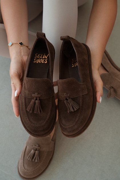 Belluno Genuine Leather Tasseled Women's Loafer - Brown Suede