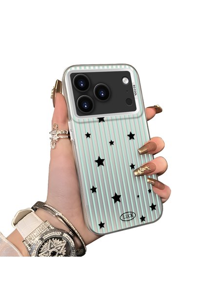 iPhone 17 Pro Compatible Edge Striped Black Star Pattern Protective Case Acrylic Hard Back Silicone Edge