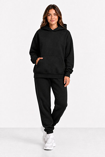 Women's Black Oversize Hoodie Jogger Set Relaxed Fit Hooded Sweatshirt Tracksuit Set