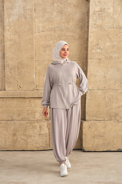 Women's Stripe Detailed Hooded Set Gray