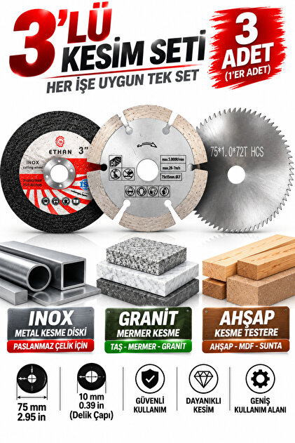 3'lü Kesim Seti 75mm İnox Metal Granit Mermer Ahşap Kesme Diski Taşlama 1'er Adet Profesyonel