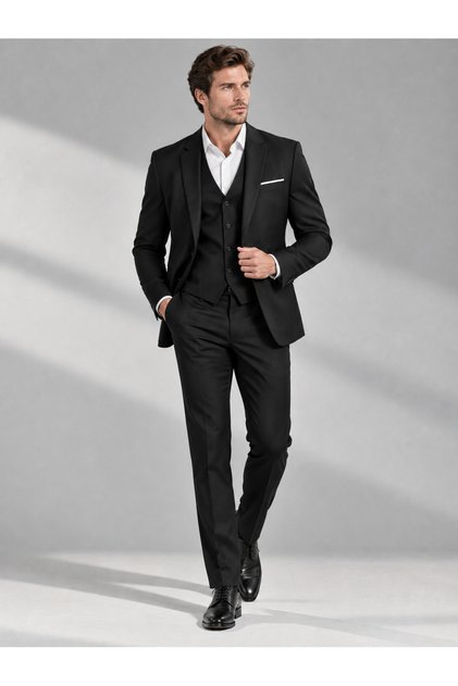 Men's Slim Fit Black 3-Piece Suit Set – Jacket, Vest and Matching Trousers for Formal Events