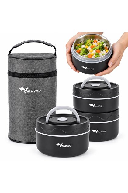 3 Layer Fan 304 Stainless Steel Food Thermos 420+420+550ml with Thermal Insulation Bag Black
