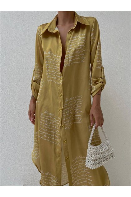Women's Satin Text Patterned Shirt Dress