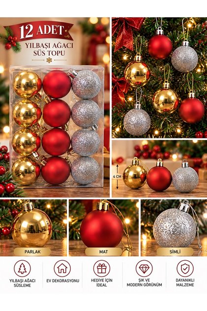 Set of 12 4 cm Mixed Christmas Tree Ornaments – Matte, Glitter and Shiny Mixed Pine Tree Balls Christmas Ornaments