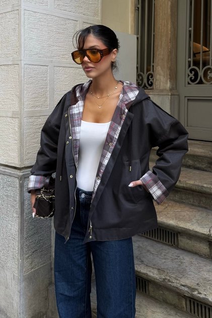 Women's Brown Plaid Lined Hooded Wax Jacket