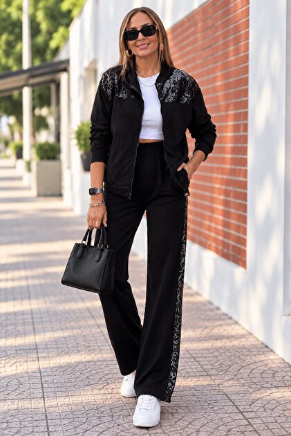 City Shine – Women's Zippered Stone Detailed Top and Wide Leg Pants Two-Piece Set